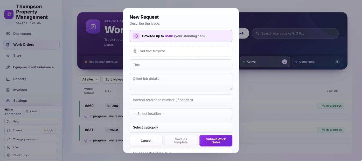 TradelyHQ Client Portal new service request form with the spend cap, site, category, and photo fields.