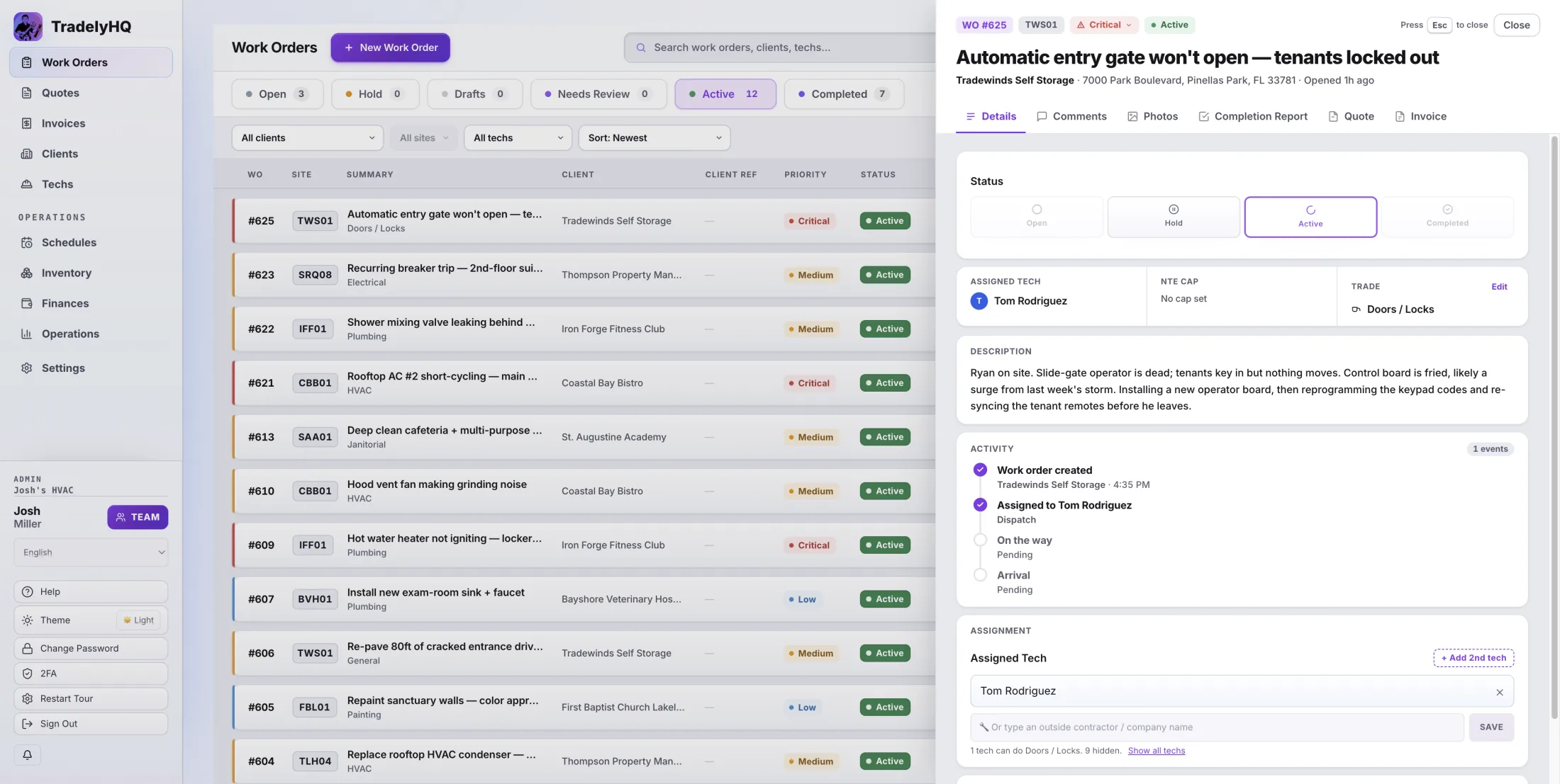 TradelyHQ contractor Work Order detail showing scheduling, assignment, priority, and status controls.